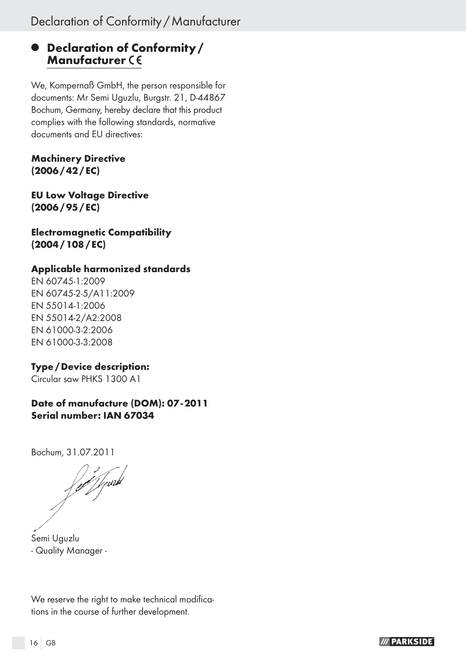 Declaration of conformity / manufacturer | Parkside PHKS 1300 A1 User Manual | Page 18 / 97