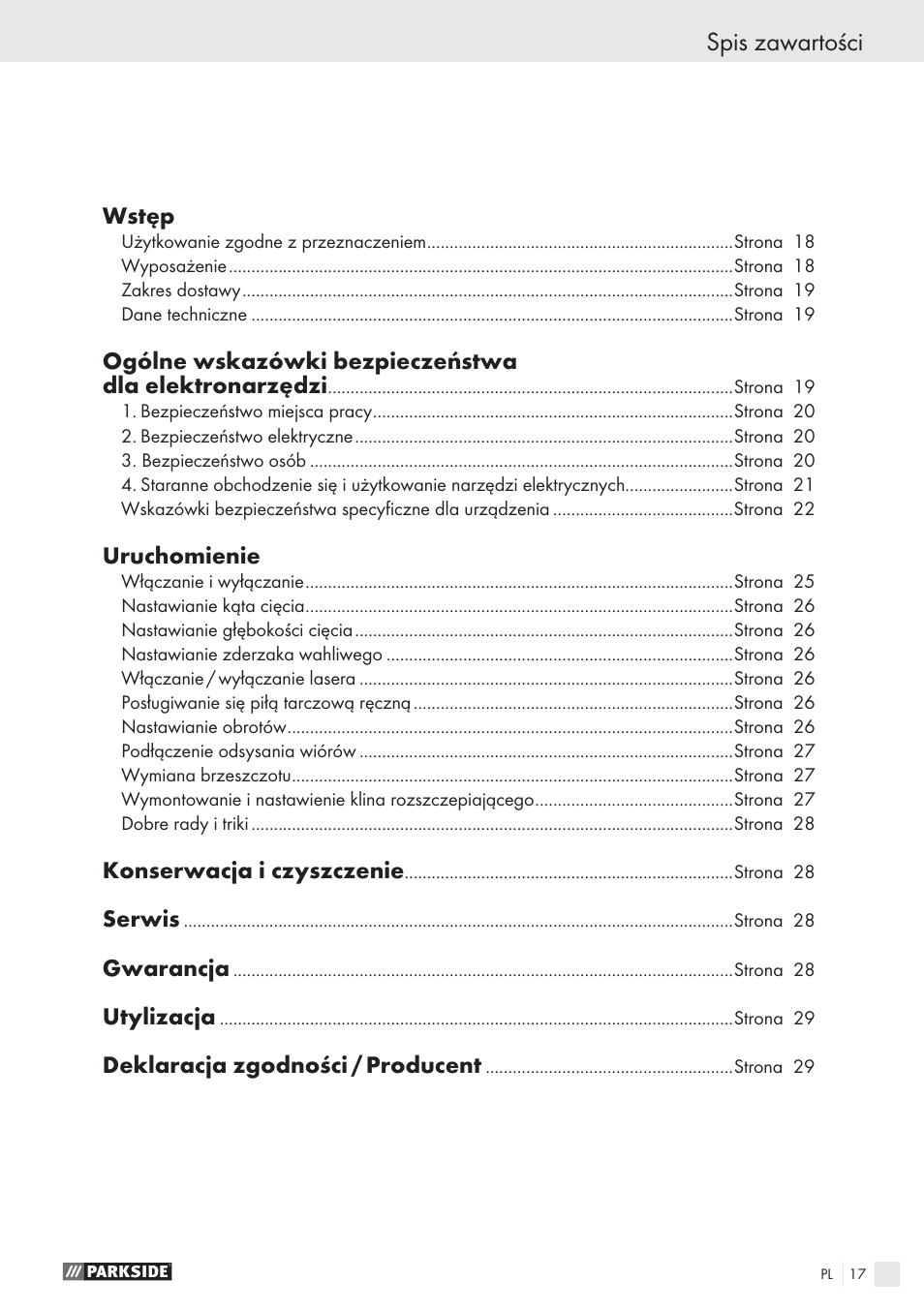 Spis zawartości, Wstęp, Uruchomienie | Konserwacja i czyszczenie, Serwis, Gwarancja, Utylizacja, Deklaracja zgodności / producent | Parkside PHKS 1300 A1 User Manual | Page 19 / 97