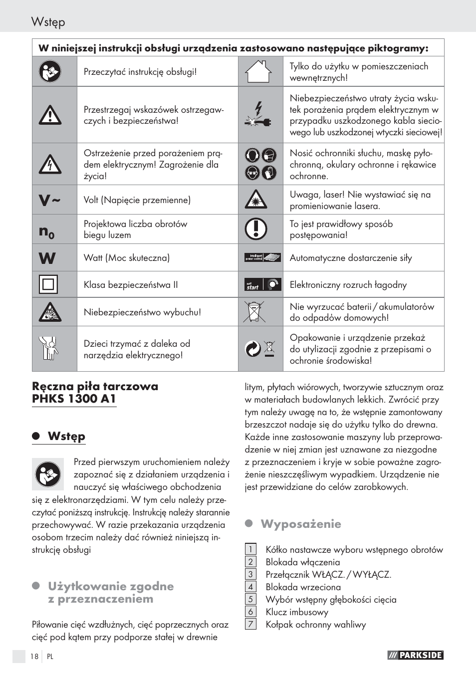 Wstęp, Użytkowanie zgodne z przeznaczeniem, Wyposażenie | Parkside PHKS 1300 A1 User Manual | Page 20 / 97