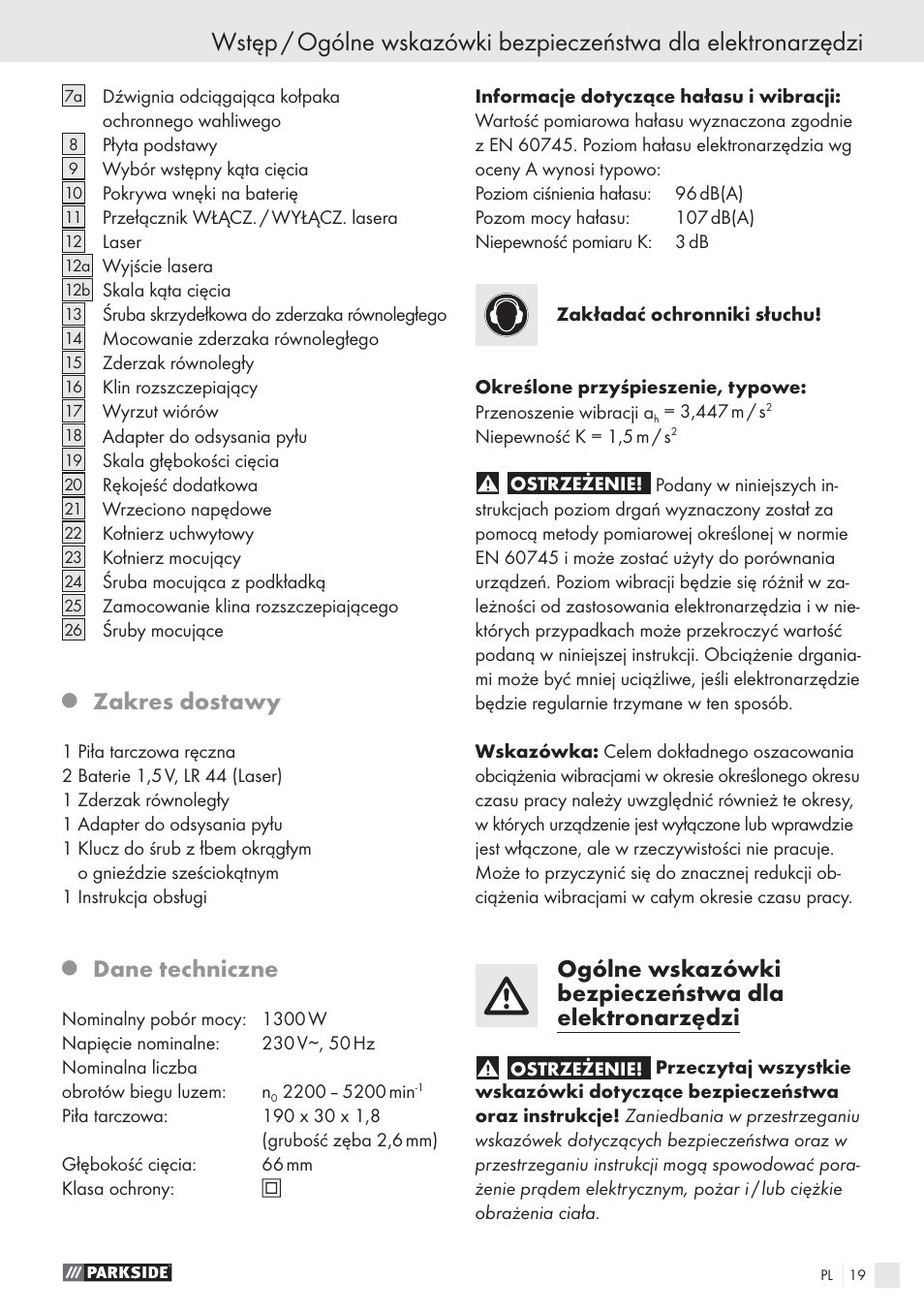 Zakres dostawy, Dane techniczne | Parkside PHKS 1300 A1 User Manual | Page 21 / 97