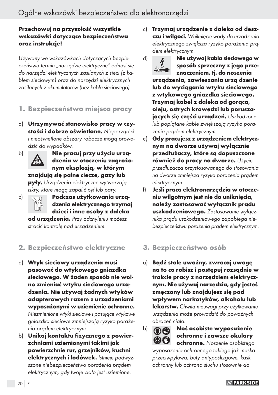 Bezpieczeństwo miejsca pracy, Bezpieczeństwo elektryczne, Bezpieczeństwo osób | Parkside PHKS 1300 A1 User Manual | Page 22 / 97
