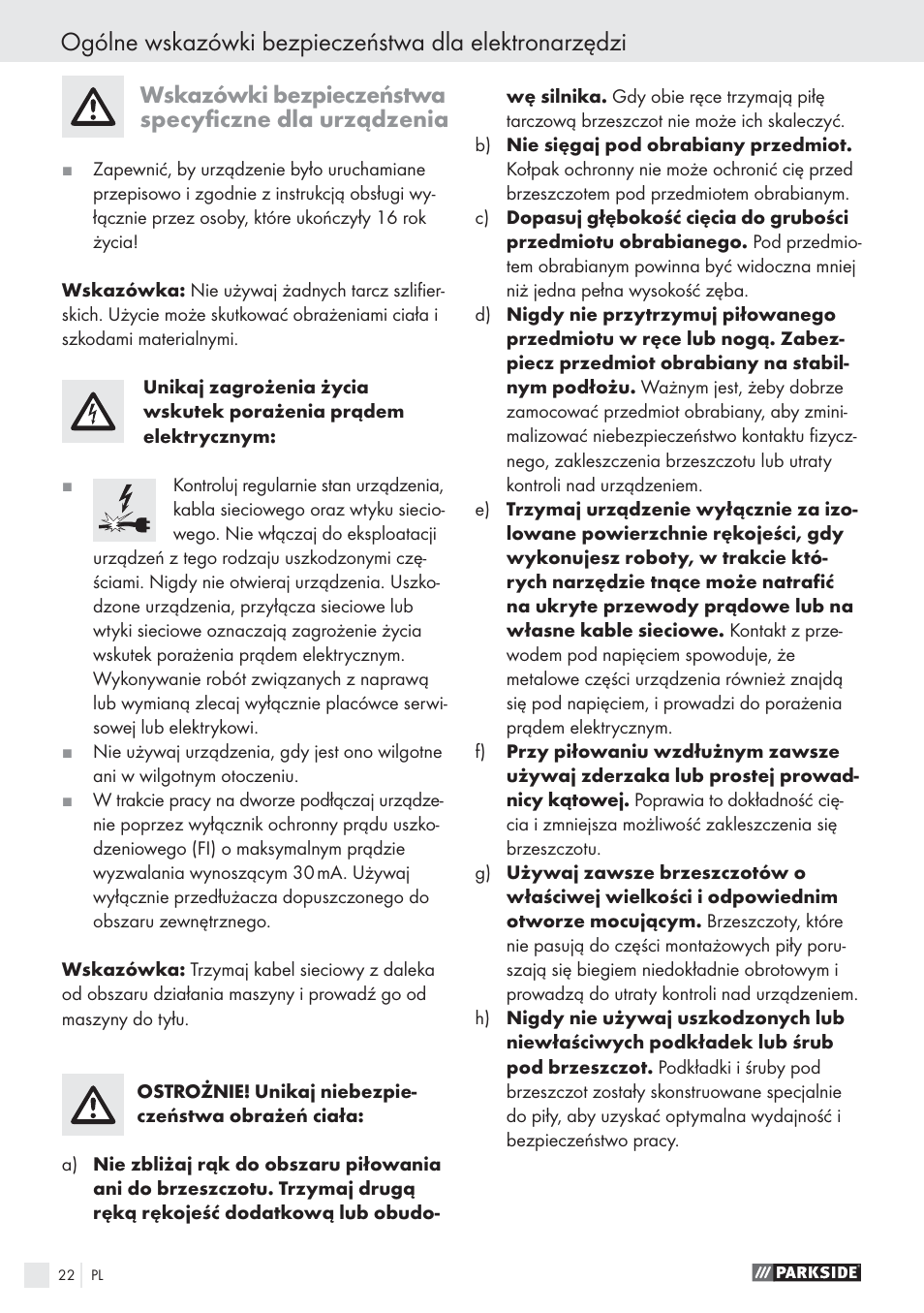 Wskazówki bezpieczeństwa specyﬁczne dla urządzenia | Parkside PHKS 1300 A1 User Manual | Page 24 / 97
