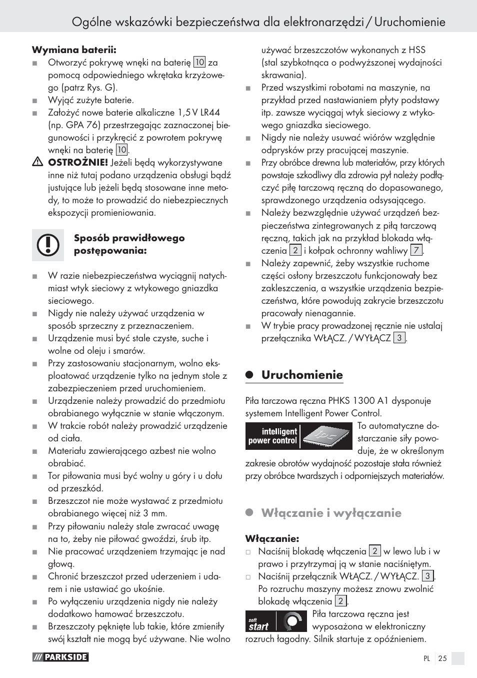 Uruchomienie, Włączanie i wyłączanie | Parkside PHKS 1300 A1 User Manual | Page 27 / 97
