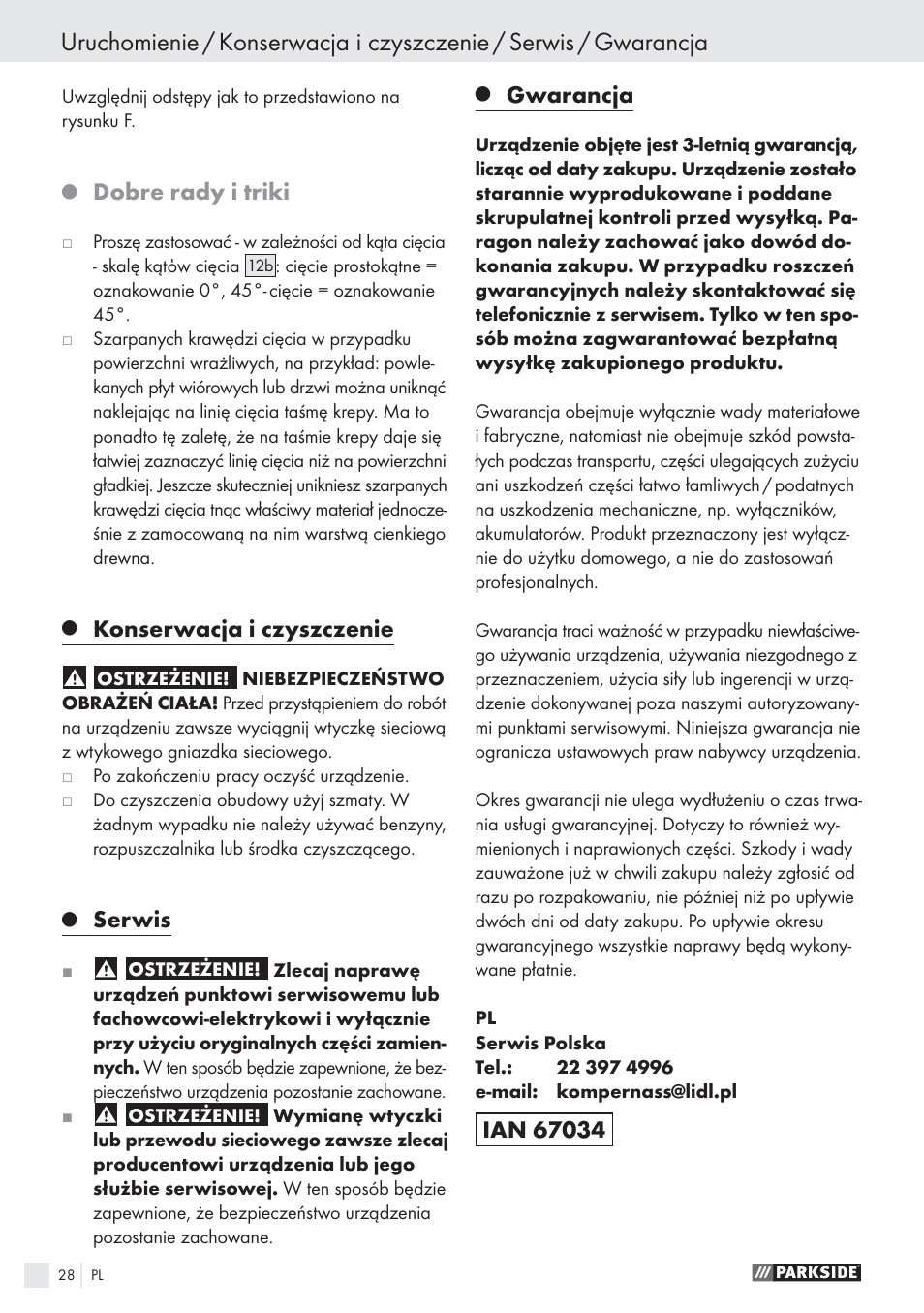 Dobre rady i triki, Konserwacja i czyszczenie, Serwis | Gwarancja | Parkside PHKS 1300 A1 User Manual | Page 30 / 97