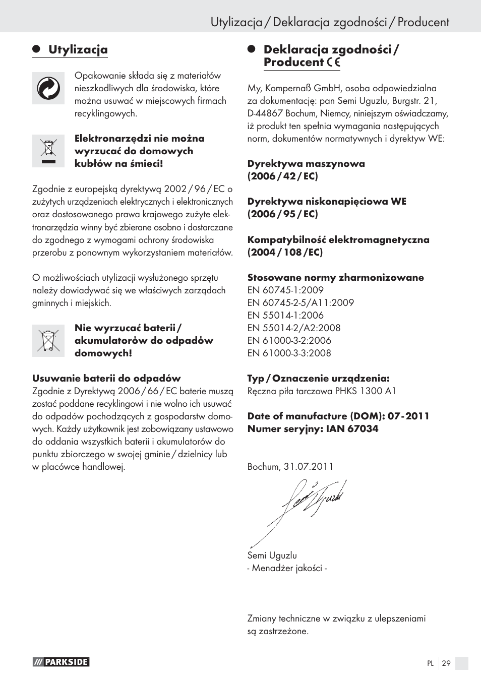 Utylizacja / deklaracja zgodności / producent, Utylizacja, Deklaracja zgodności / producent | Parkside PHKS 1300 A1 User Manual | Page 31 / 97