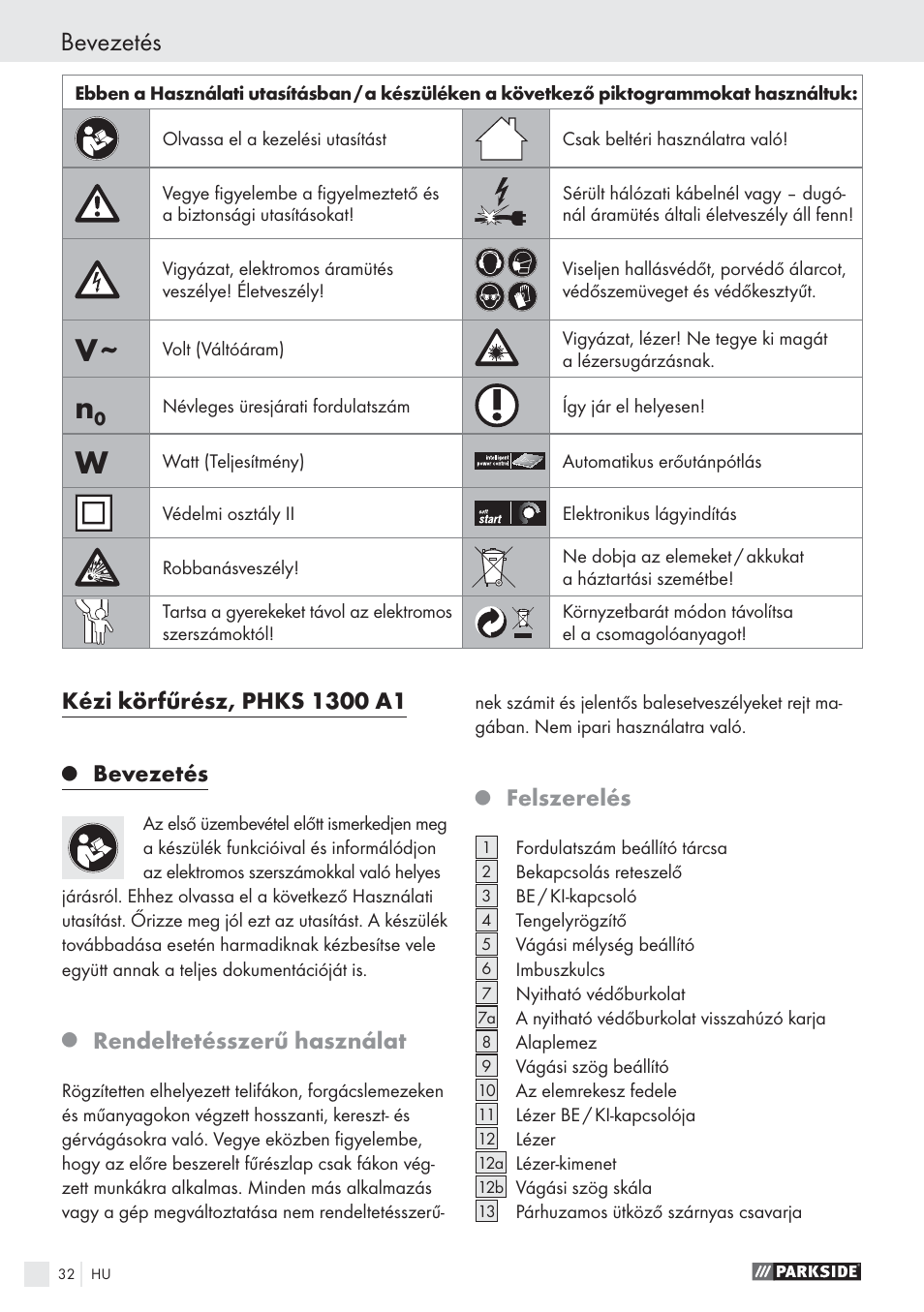 Bevezetés, Rendeltetésszerű használat, Felszerelés | Parkside PHKS 1300 A1 User Manual | Page 34 / 97