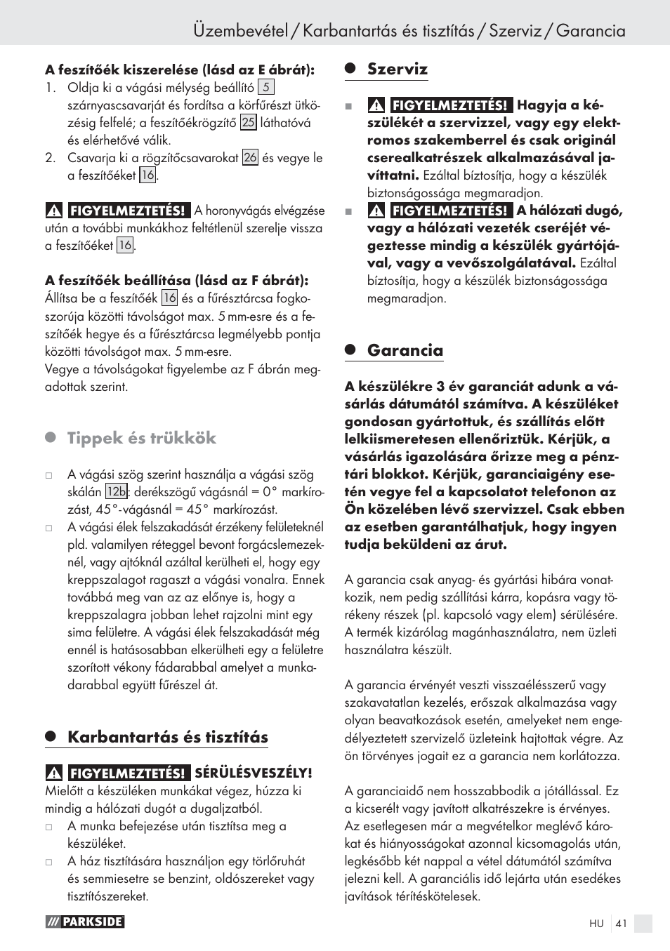 Tippek és trükkök, Karbantartás és tisztítás, Szerviz | Garancia | Parkside PHKS 1300 A1 User Manual | Page 43 / 97