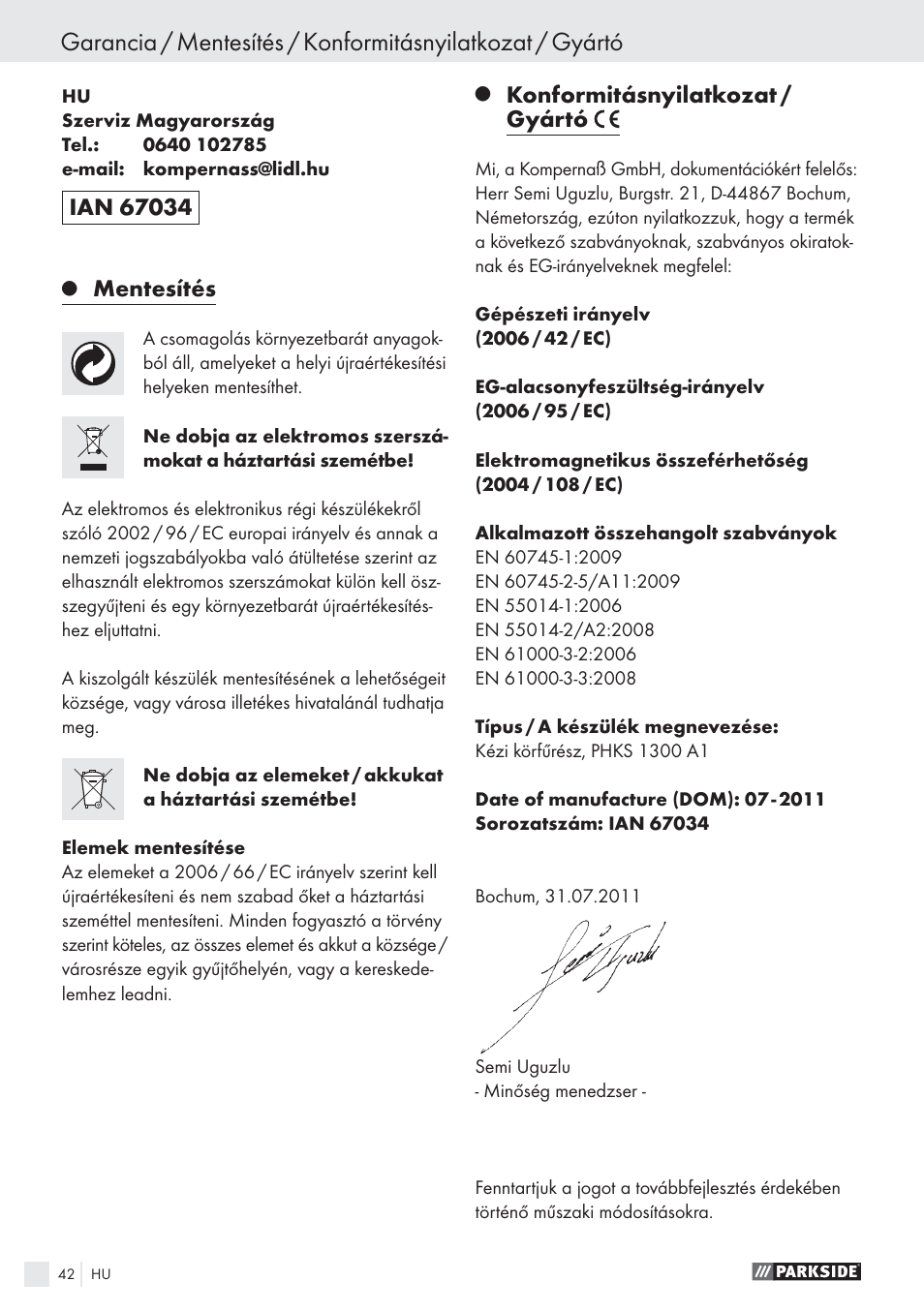 Mentesítés, Konformitásnyilatkozat / gyártó | Parkside PHKS 1300 A1 User Manual | Page 44 / 97