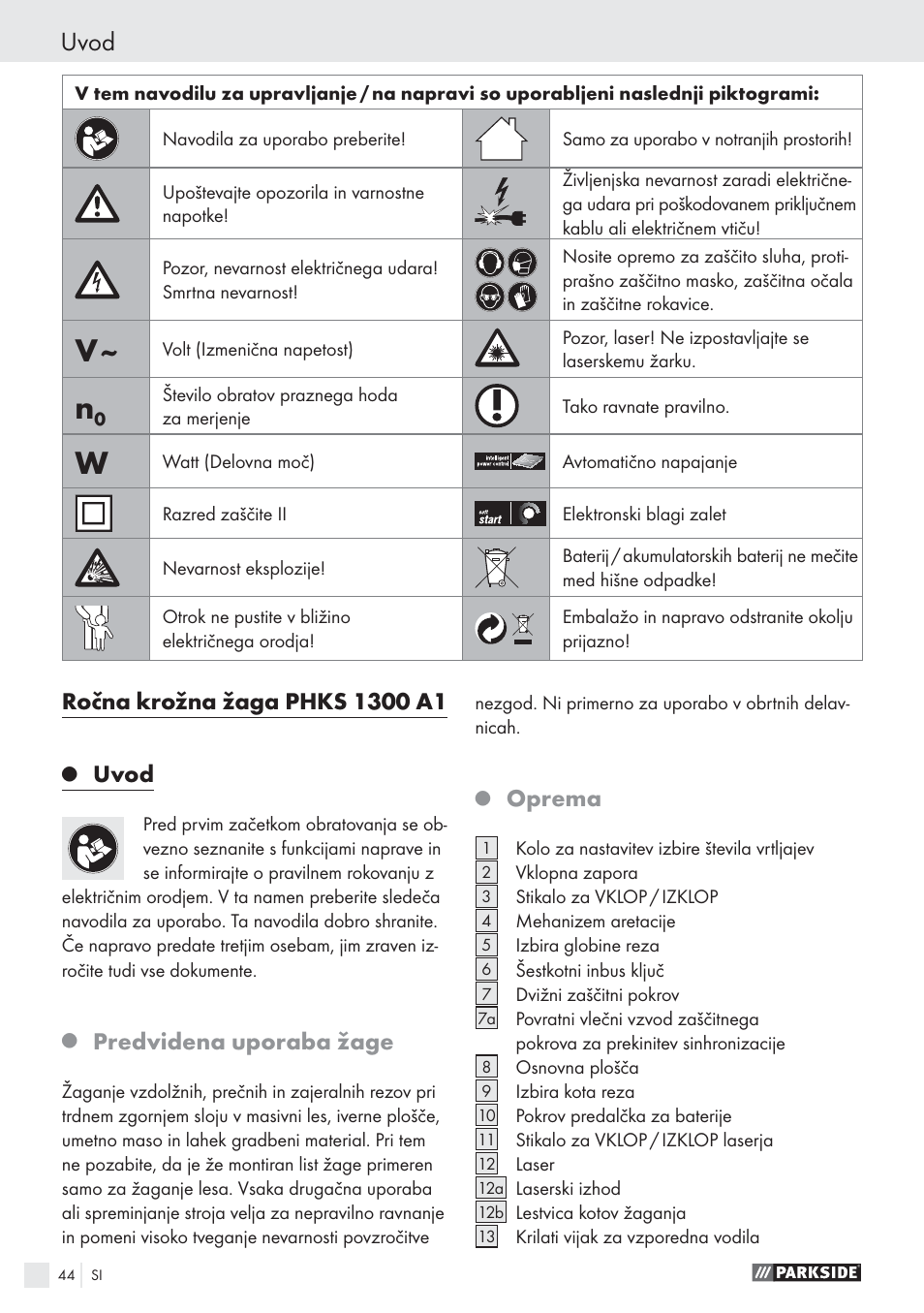 Uvod, Predvidena uporaba žage, Oprema | Parkside PHKS 1300 A1 User Manual | Page 46 / 97