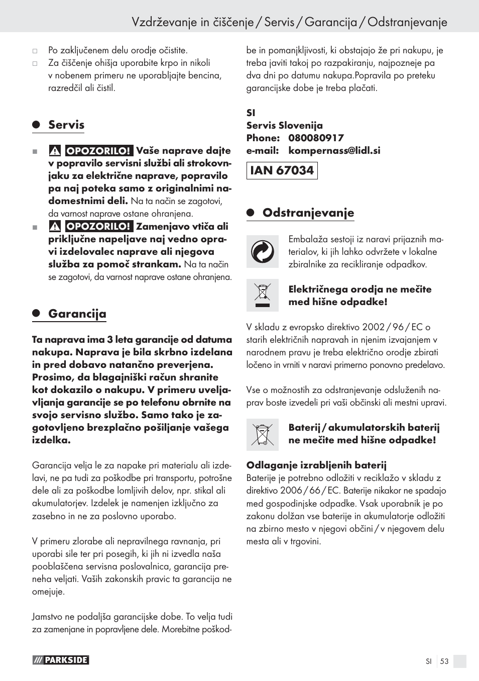 Servis, Garancija, Odstranjevanje | Parkside PHKS 1300 A1 User Manual | Page 55 / 97