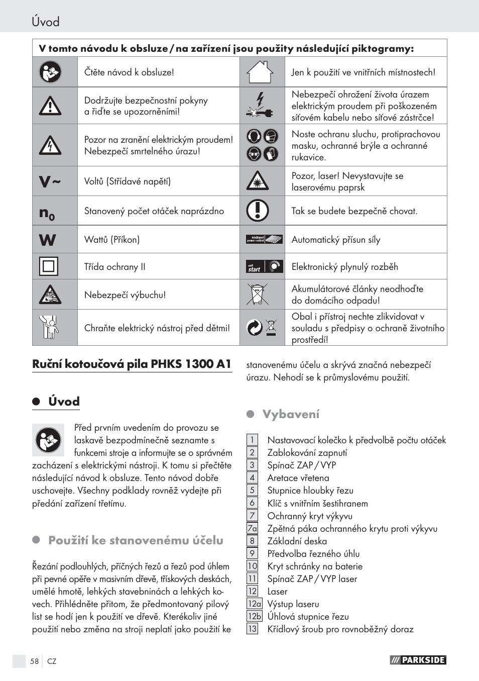 Úvod, Použití ke stanovenému účelu, Vybavení | Parkside PHKS 1300 A1 User Manual | Page 60 / 97