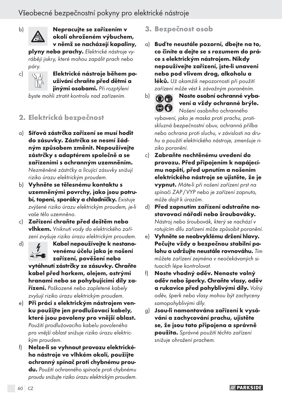 Elektrická bezpečnost, Bezpečnost osob | Parkside PHKS 1300 A1 User Manual | Page 62 / 97