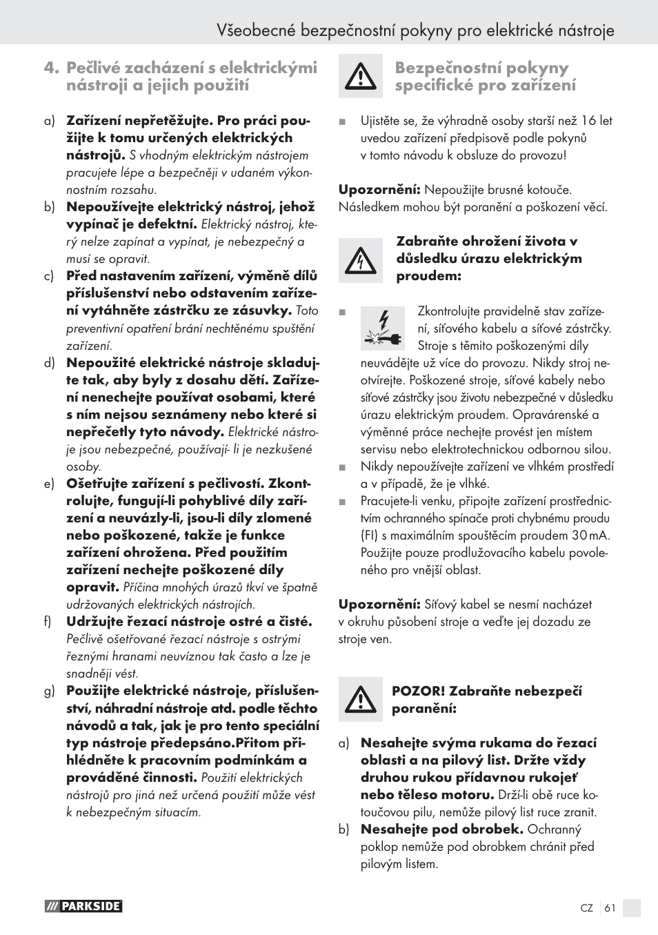 Bezpečnostní pokyny speciﬁcké pro zařízení | Parkside PHKS 1300 A1 User Manual | Page 63 / 97