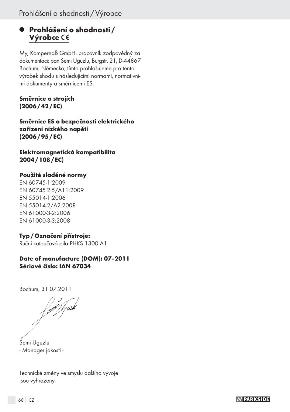 Prohlášení o shodnosti / výrobce | Parkside PHKS 1300 A1 User Manual | Page 70 / 97