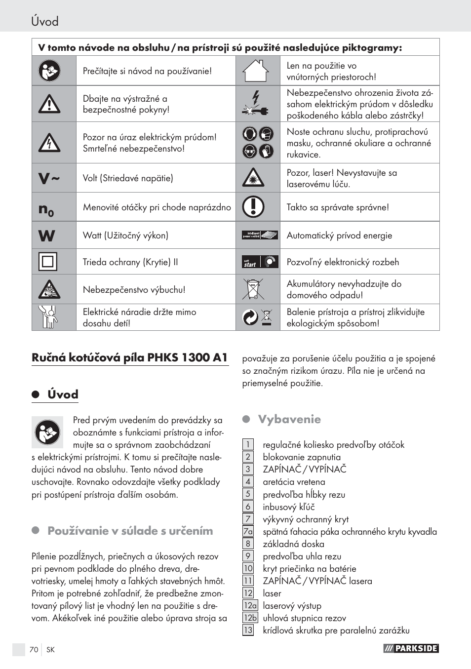 Úvod, Používanie v súlade s určením, Vybavenie | Parkside PHKS 1300 A1 User Manual | Page 72 / 97