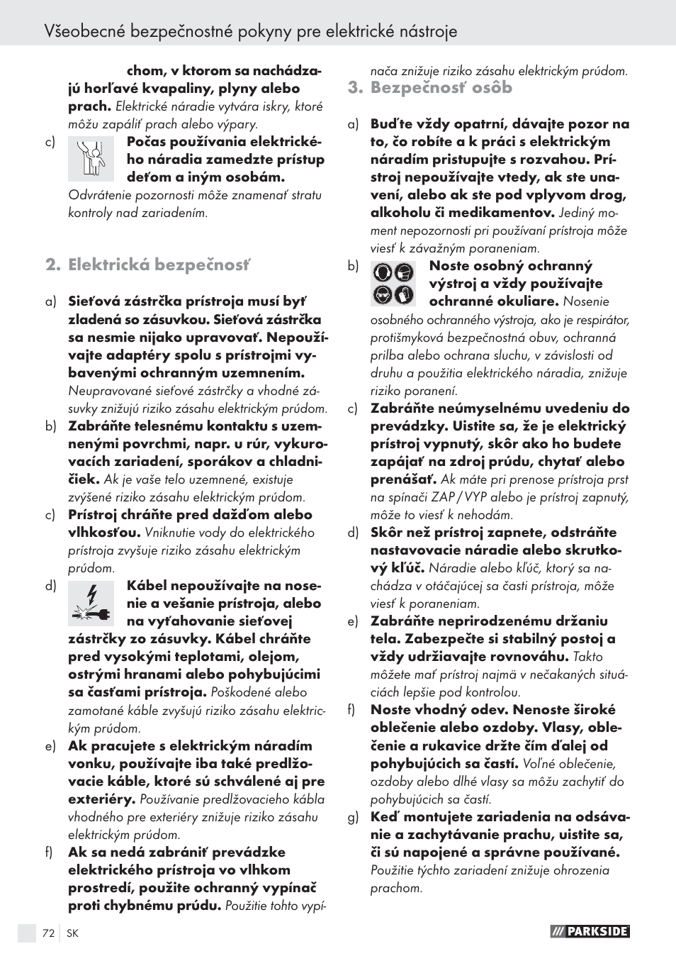 Elektrická bezpečnosť, Bezpečnosť osôb | Parkside PHKS 1300 A1 User Manual | Page 74 / 97