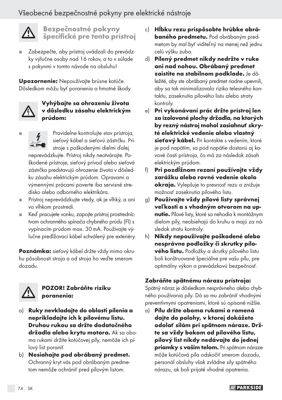 Bezpečnostné pokyny špeciﬁcké pre tento prístroj | Parkside PHKS 1300 A1 User Manual | Page 76 / 97