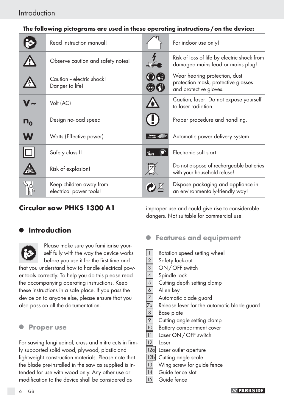 Introduction, Proper use, Features and equipment | Parkside PHKS 1300 A1 User Manual | Page 8 / 97
