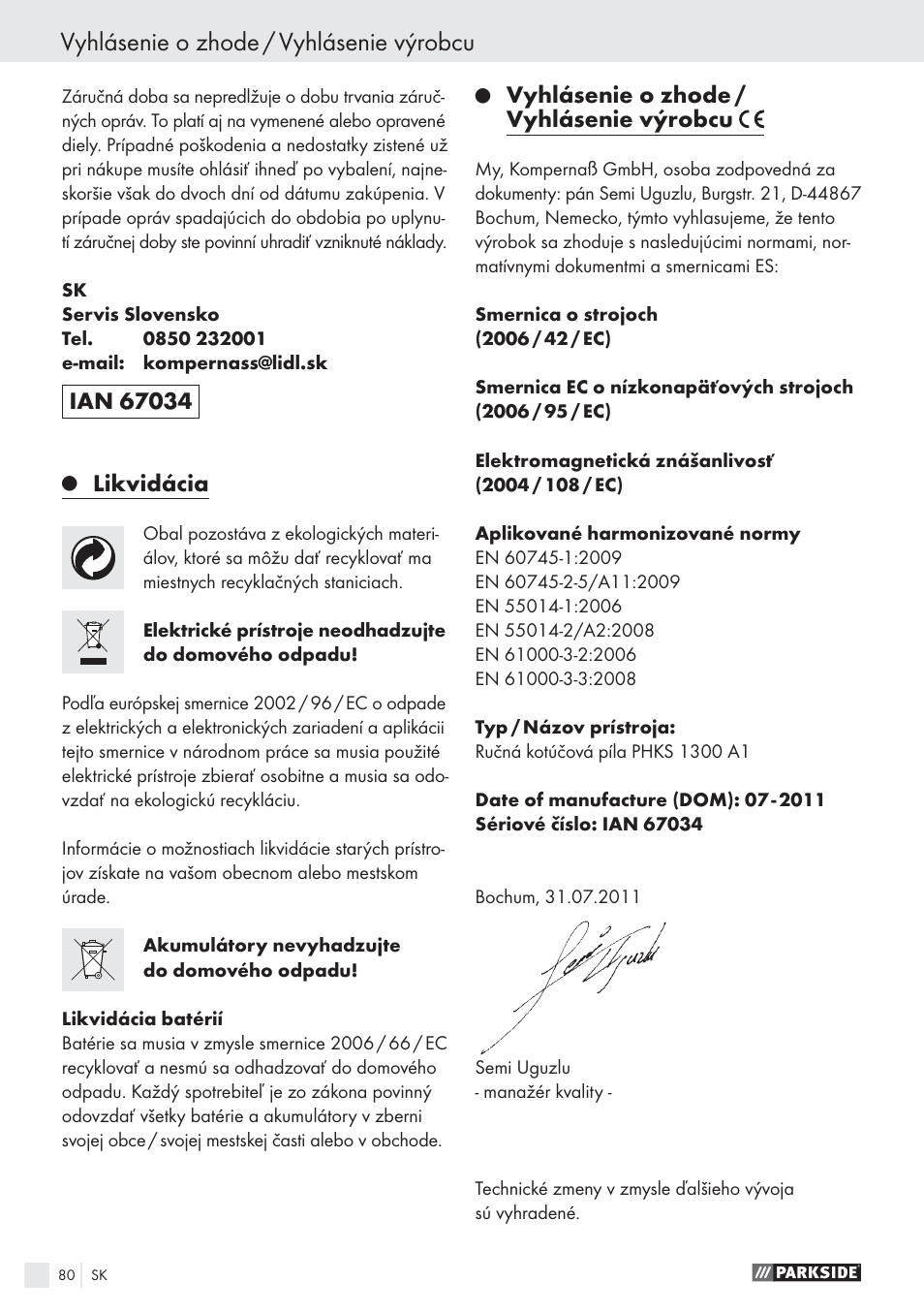 Vyhlásenie o zhode / vyhlásenie výrobcu, Likvidácia | Parkside PHKS 1300 A1 User Manual | Page 82 / 97