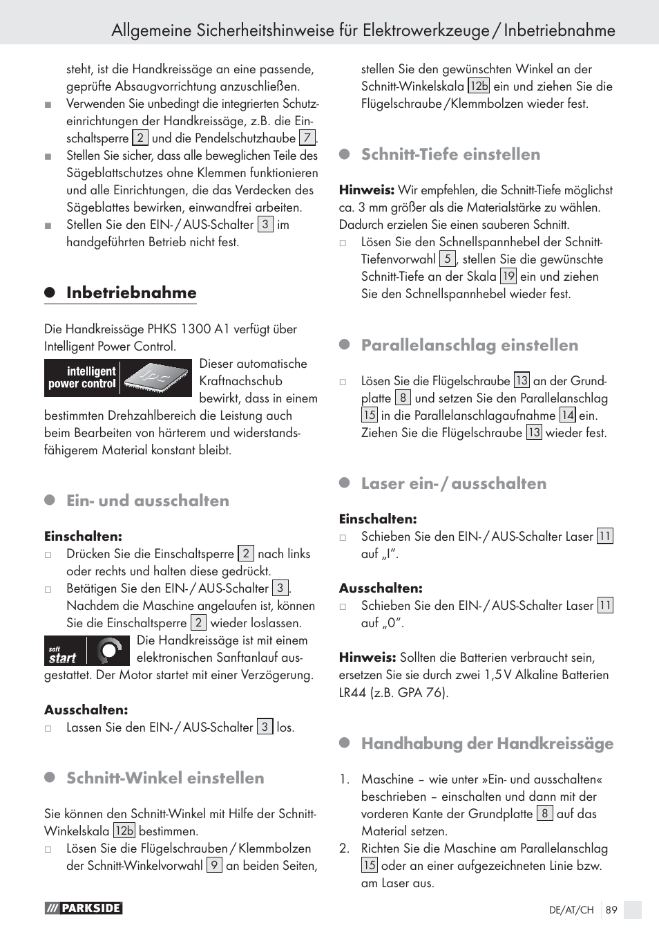 Inbetriebnahme, Ein- und ausschalten, Schnitt-winkel einstellen | Schnitt-tiefe einstellen, Parallelanschlag einstellen, Laser ein- / ausschalten, Handhabung der handkreissäge | Parkside PHKS 1300 A1 User Manual | Page 91 / 97
