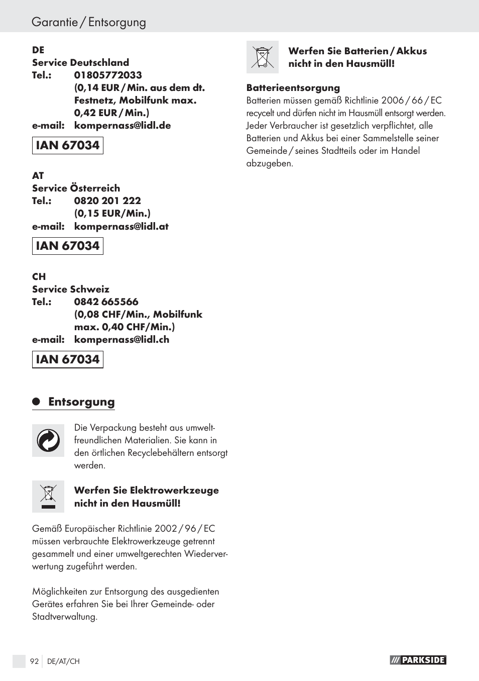 Garantie / entsorgung, Entsorgung | Parkside PHKS 1300 A1 User Manual | Page 94 / 97