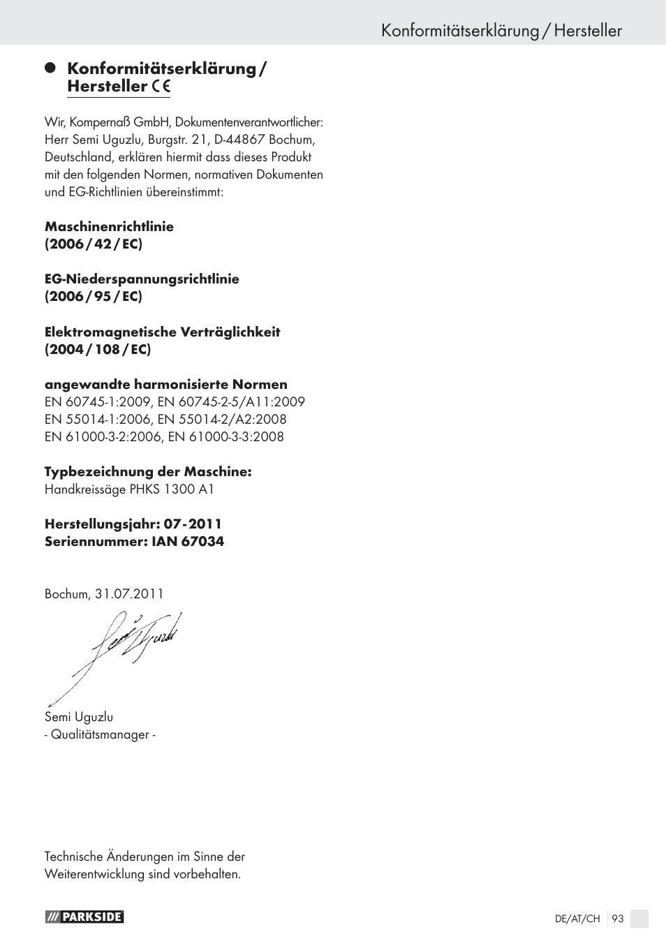 Konformitätserklärung / hersteller | Parkside PHKS 1300 A1 User Manual | Page 95 / 97