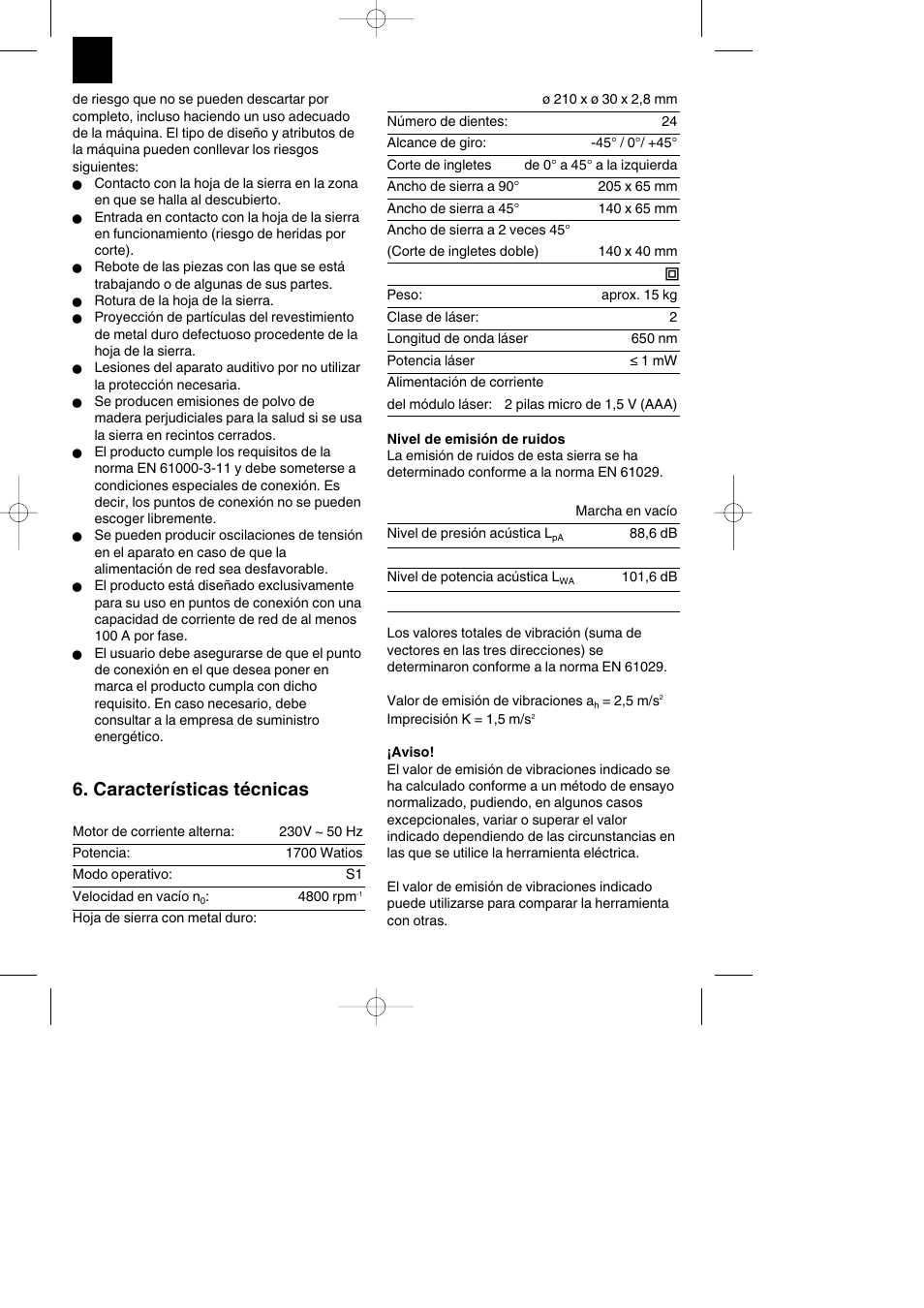 Características técnicas | Parkside PKS 1700 B2 User Manual | Page 16 / 88