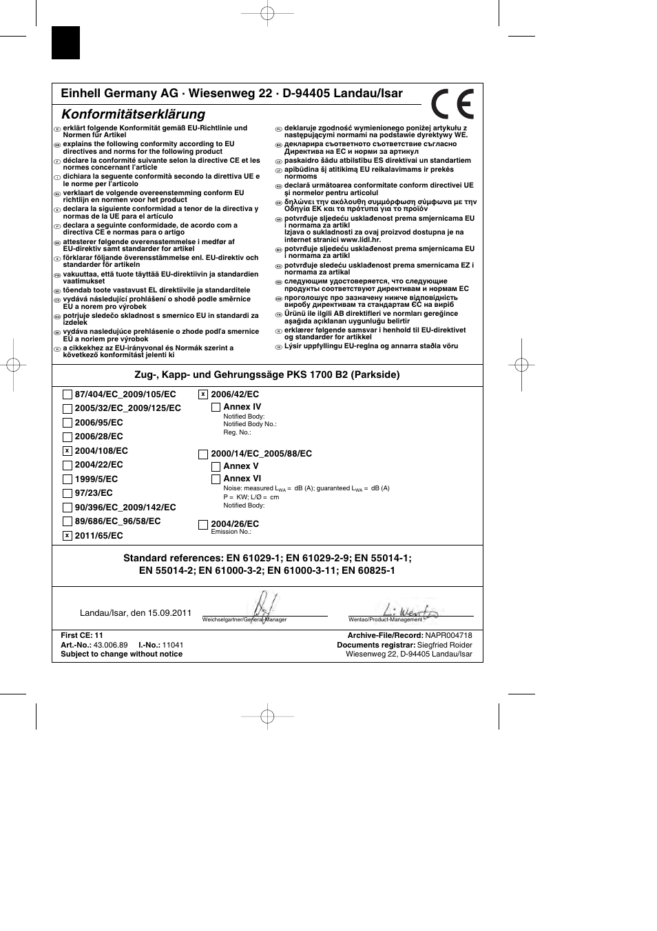 Declaración de conformidad, Konformitätserklärung | Parkside PKS 1700 B2 User Manual | Page 22 / 88