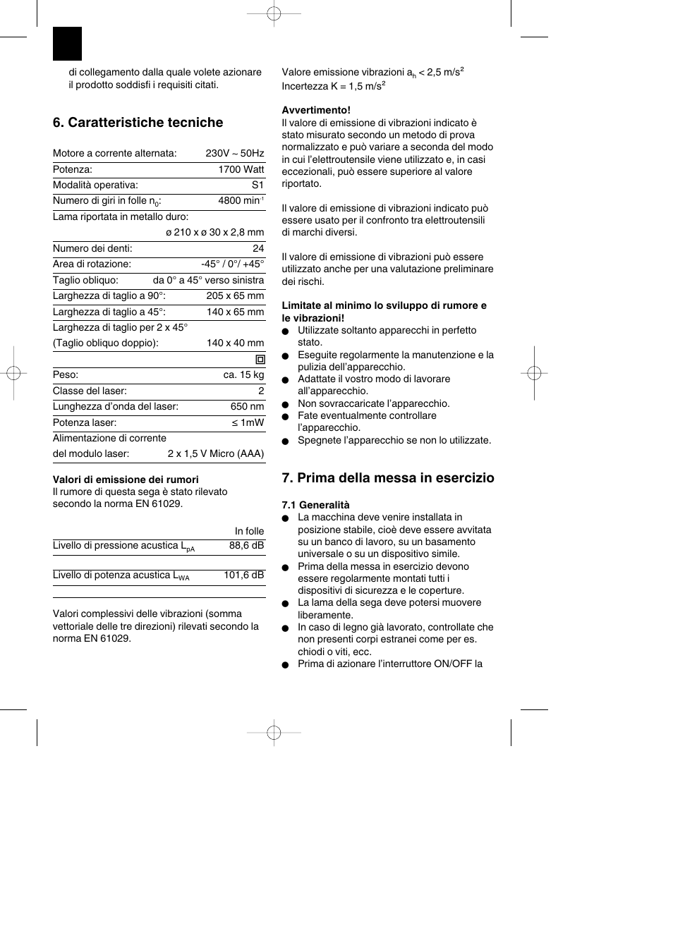 Caratteristiche tecniche, Prima della messa in esercizio | Parkside PKS 1700 B2 User Manual | Page 32 / 88