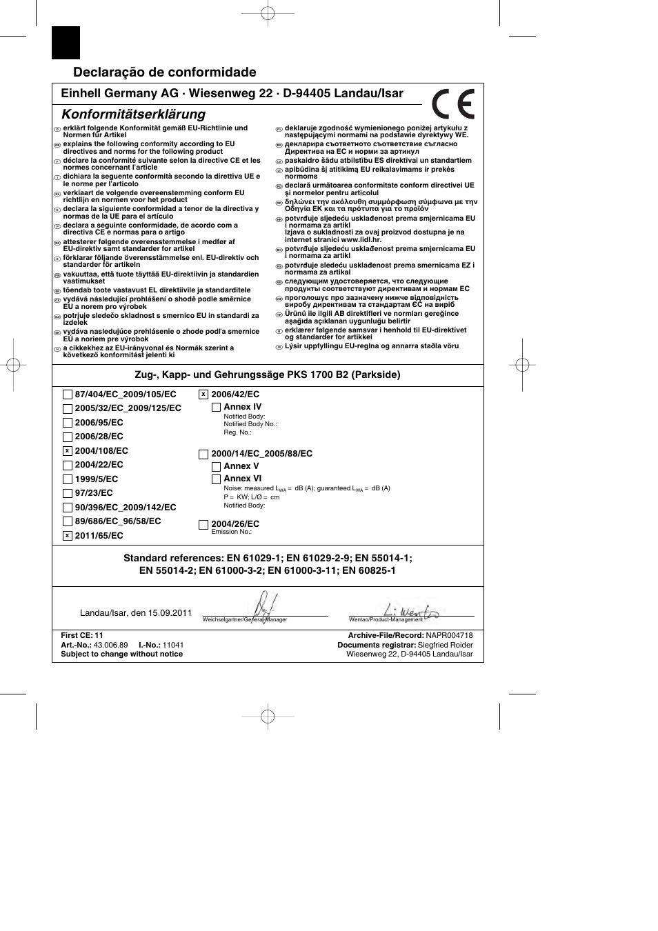 Declaração de conformidade, Konformitätserklärung | Parkside PKS 1700 B2 User Manual | Page 54 / 88