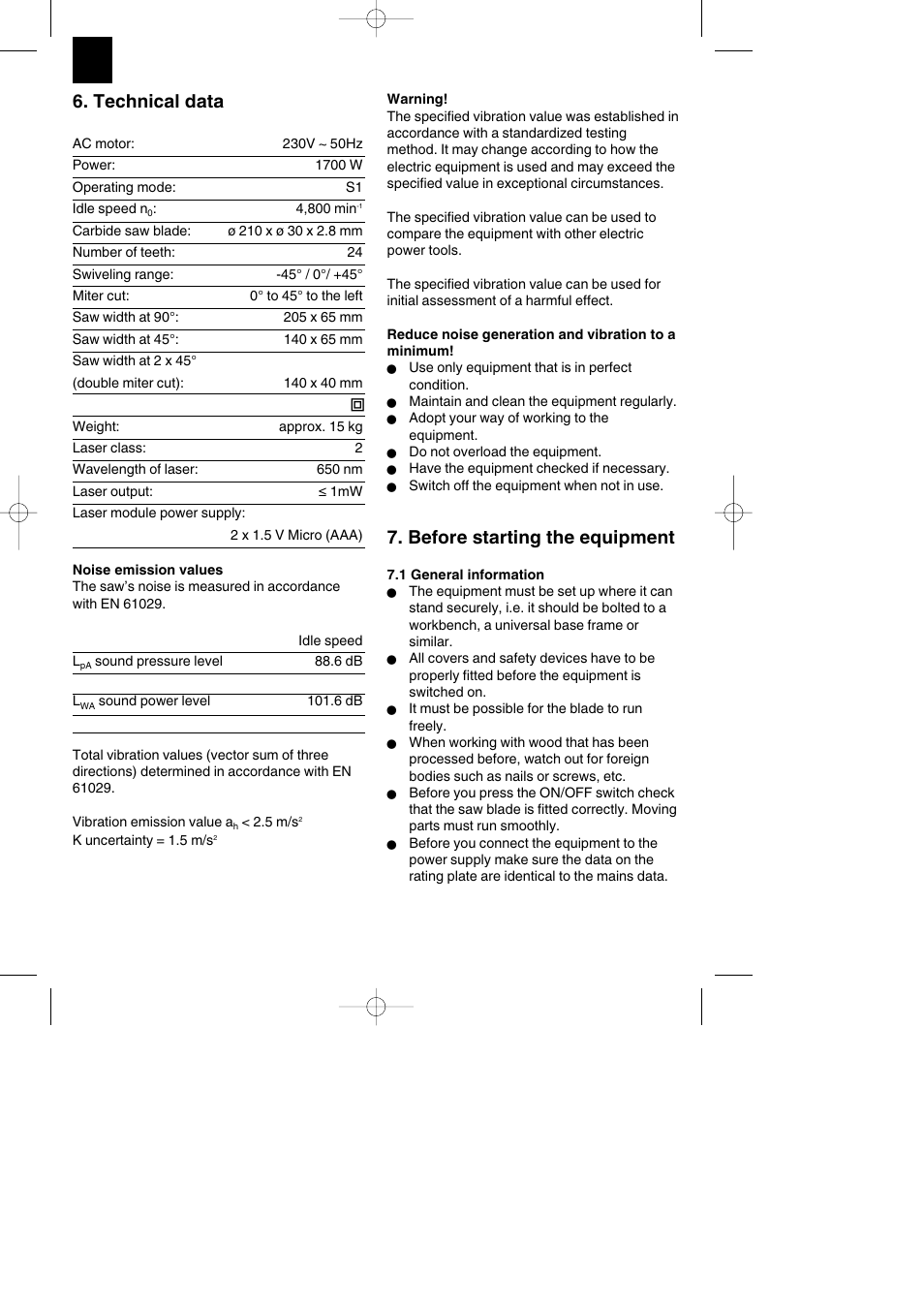 Technical data, Before starting the equipment | Parkside PKS 1700 B2 User Manual | Page 64 / 88