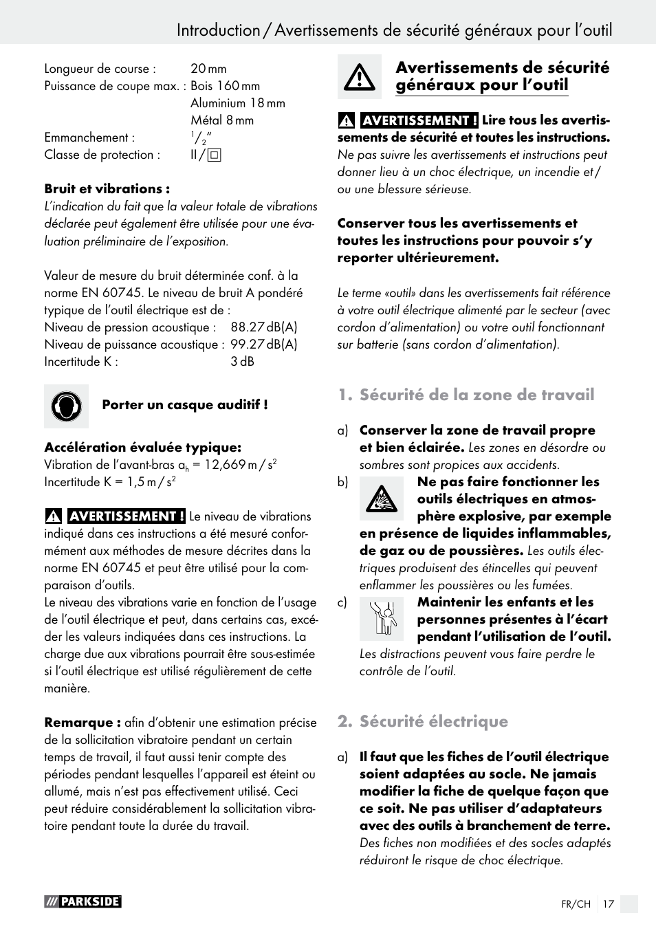 Avertissements de sécurité généraux pour l’outil, Sécurité de la zone de travail, Sécurité électrique | Parkside PFS 710 A1 User Manual | Page 17 / 44