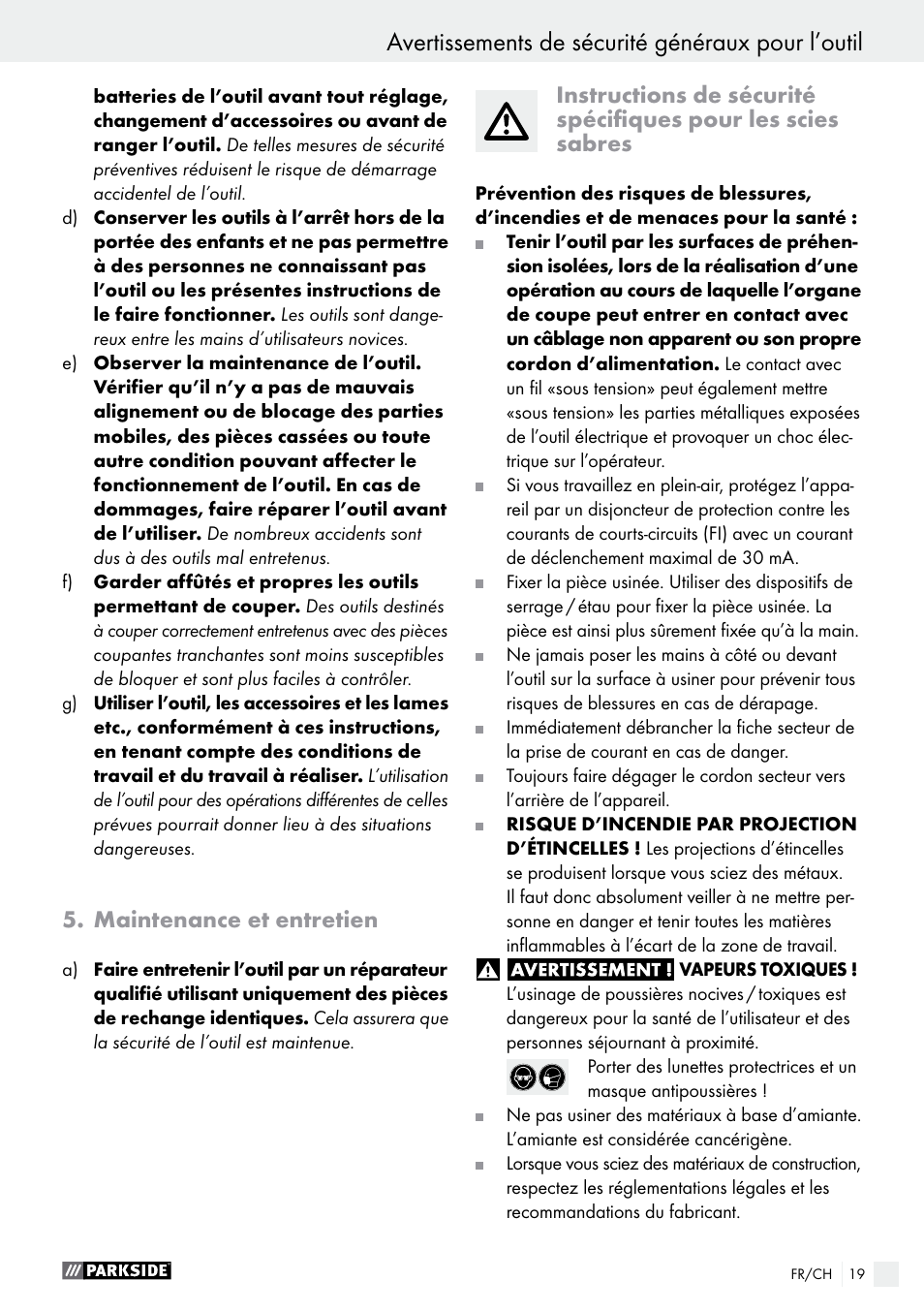 Avertissements de sécurité généraux pour l’outil, Maintenance et entretien | Parkside PFS 710 A1 User Manual | Page 19 / 44