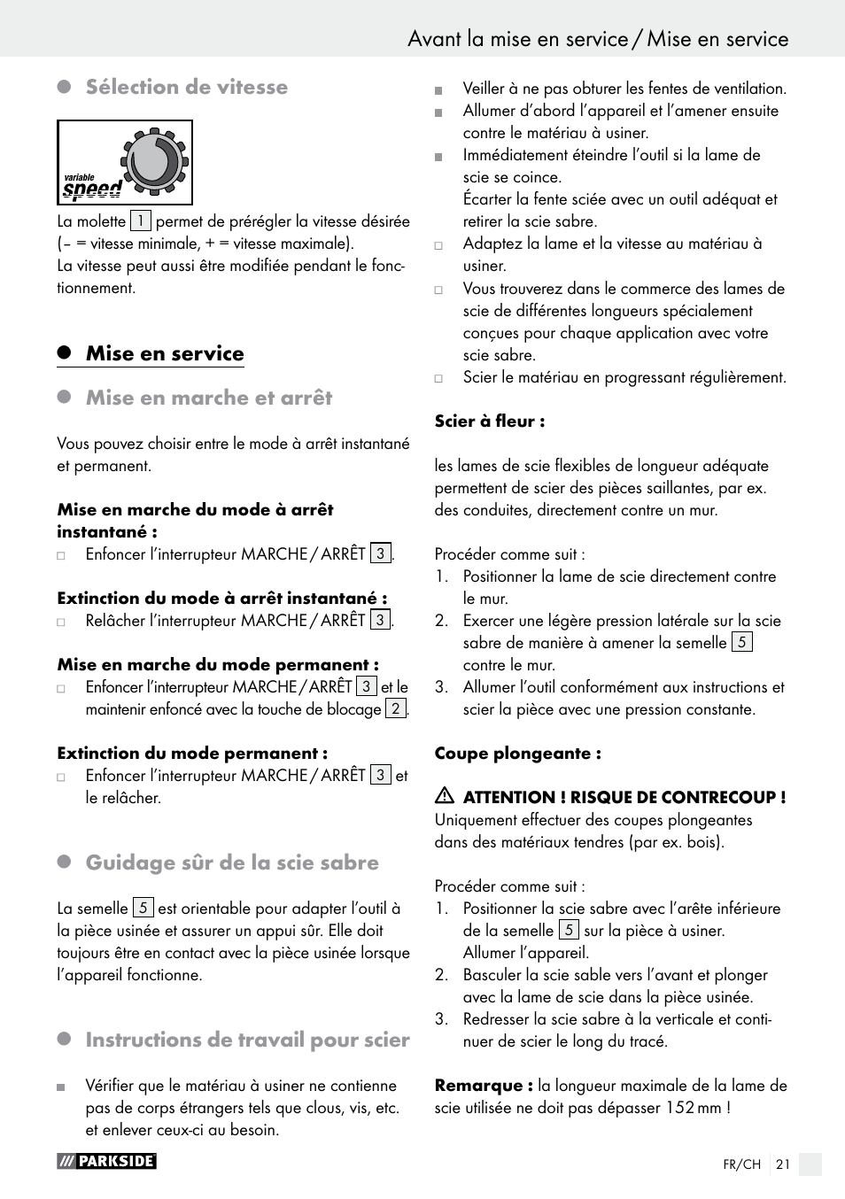 Avant la mise en service / mise en service, Sélection de vitesse, Mise en service | Mise en marche et arrêt, Guidage sûr de la scie sabre, Instructions de travail pour scier | Parkside PFS 710 A1 User Manual | Page 21 / 44
