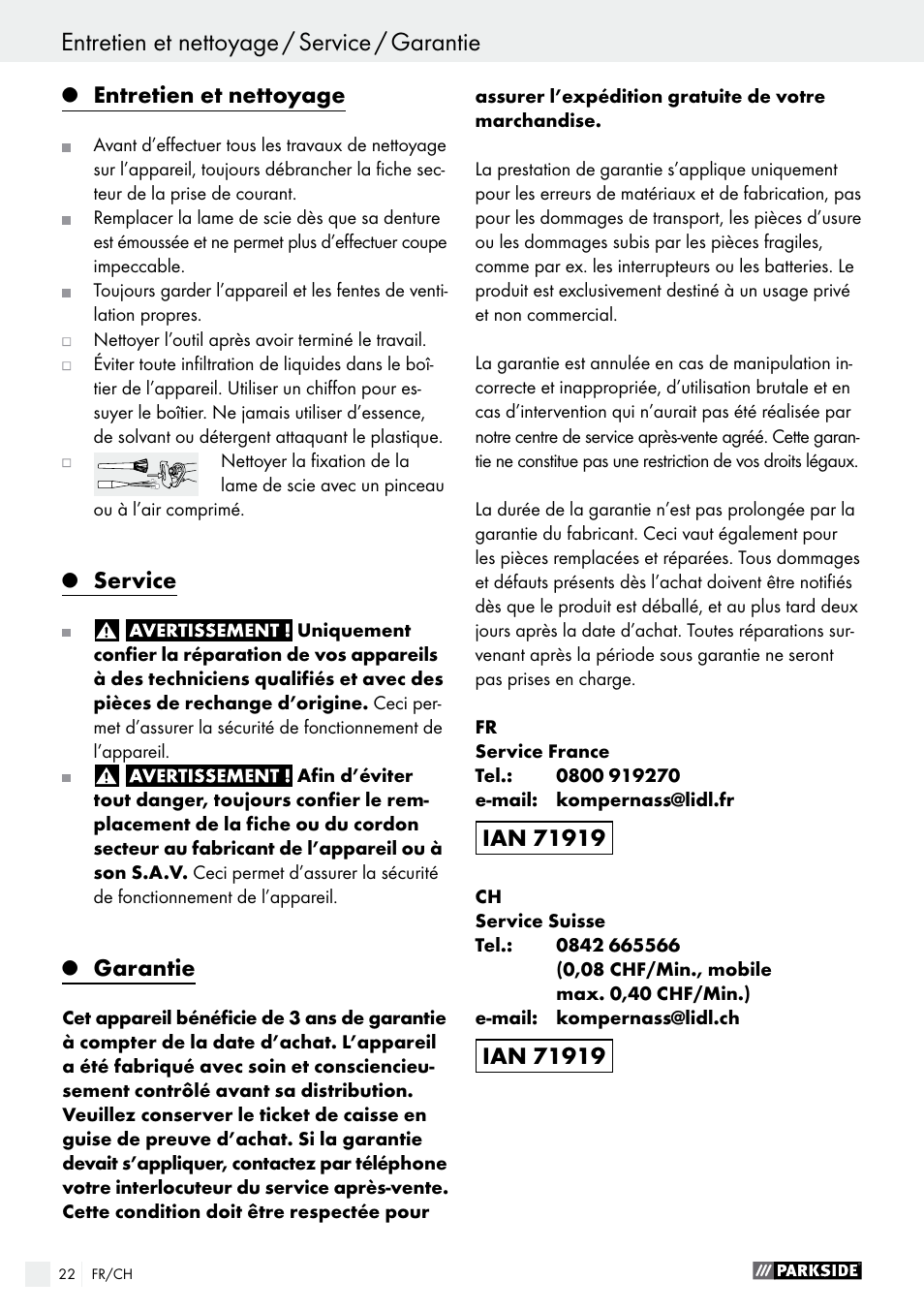 Entretien et nettoyage, Service, Garantie | Parkside PFS 710 A1 User Manual | Page 22 / 44