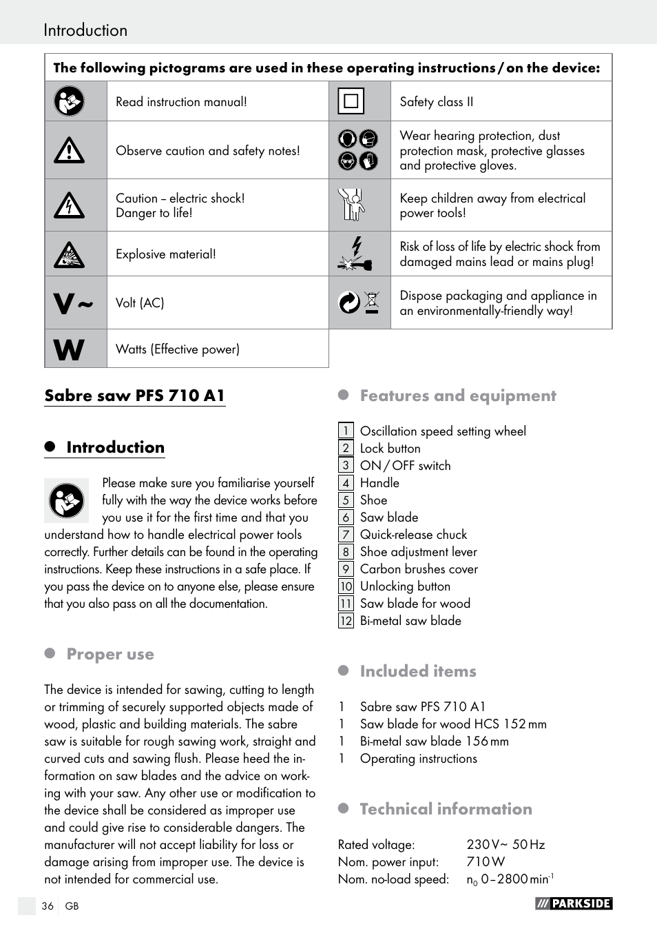 Sabre saw pfs 710 a1, Introduction, Proper use | Features and equipment, Included items, Technical information | Parkside PFS 710 A1 User Manual | Page 36 / 44