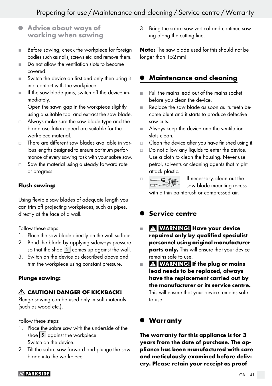 Advice about ways of working when sawing, Maintenance and cleaning, Service centre | Warranty | Parkside PFS 710 A1 User Manual | Page 41 / 44
