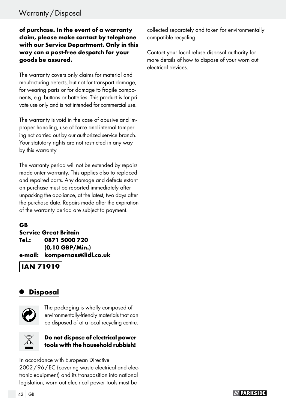 Parkside PFS 710 A1 User Manual | Page 42 / 44