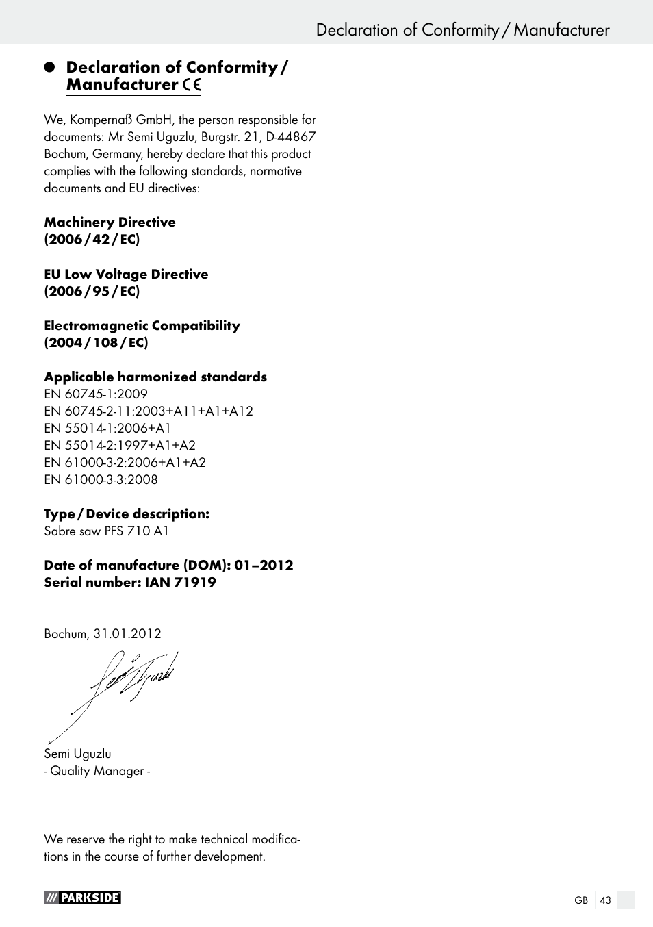 Declaration of conformity / manufacturer | Parkside PFS 710 A1 User Manual | Page 43 / 44