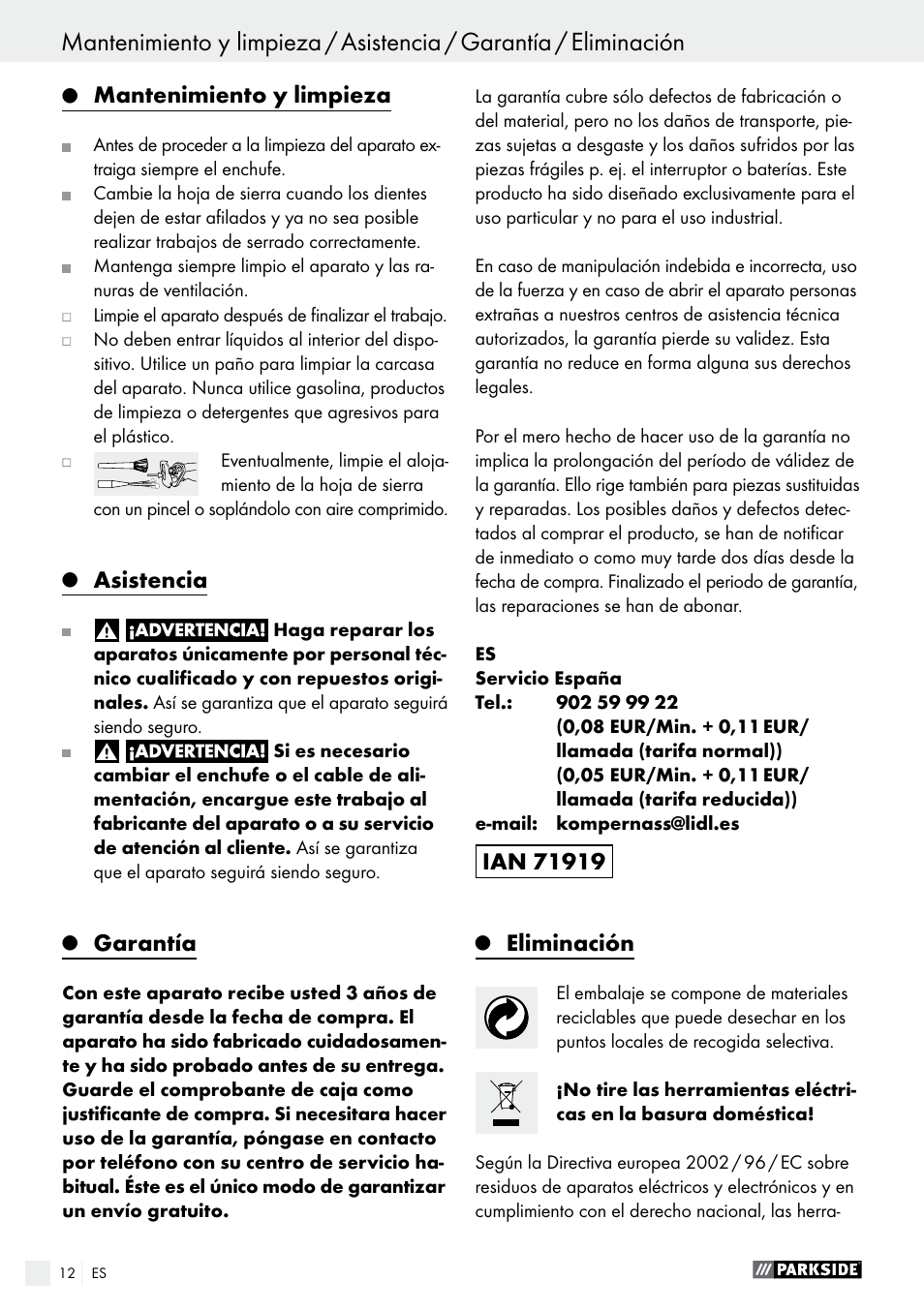 Mantenimiento y limpieza, Asistencia, Garantía | Eliminación | Parkside PFS 710 A1 User Manual | Page 12 / 54