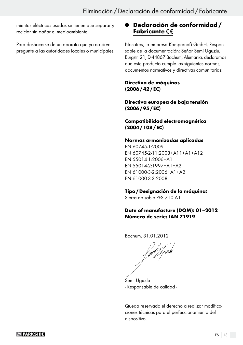 Declaración de conformidad / fabricante | Parkside PFS 710 A1 User Manual | Page 13 / 54