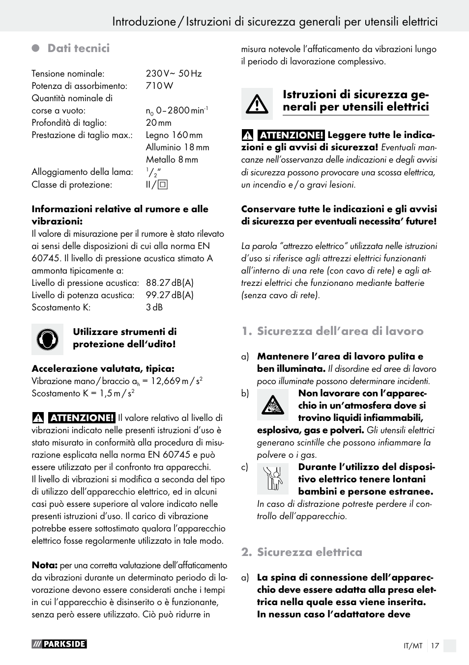 Dati tecnici, Sicurezza dell’area di lavoro, Sicurezza elettrica | Parkside PFS 710 A1 User Manual | Page 17 / 54