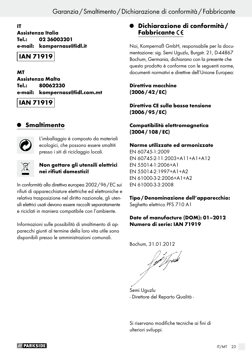 Smaltimento, Dichiarazione di conformità / fabbricante | Parkside PFS 710 A1 User Manual | Page 23 / 54
