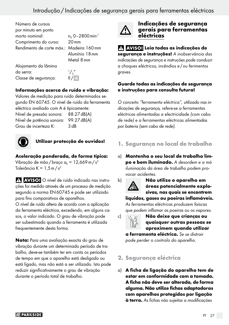 Segurança no local de trabalho, Segurança eléctrica | Parkside PFS 710 A1 User Manual | Page 27 / 54