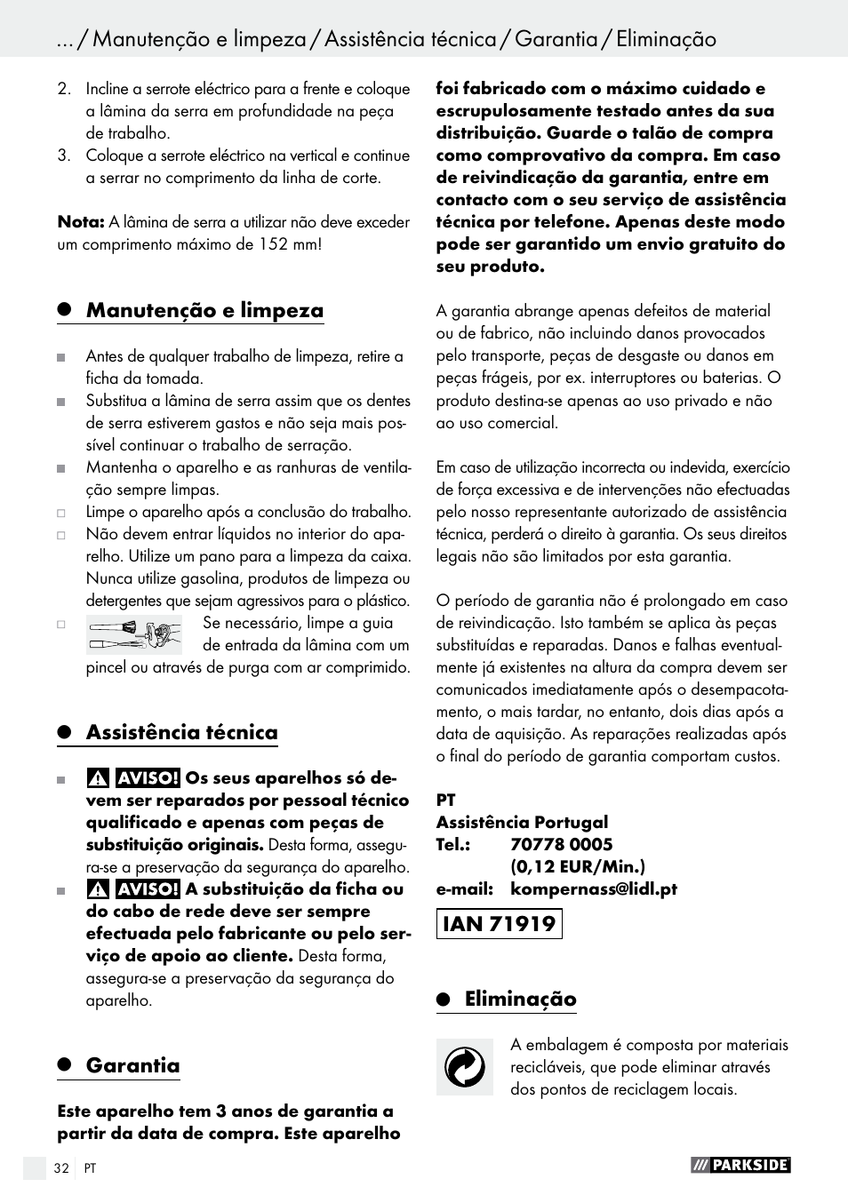 Manutenção e limpeza, Assistência técnica, Garantia | Eliminação | Parkside PFS 710 A1 User Manual | Page 32 / 54