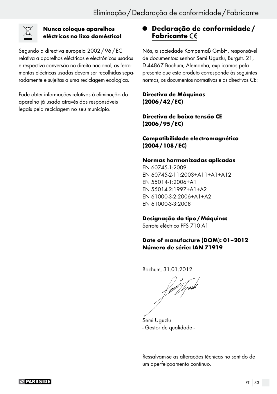 Declaração de conformidade / fabricante | Parkside PFS 710 A1 User Manual | Page 33 / 54