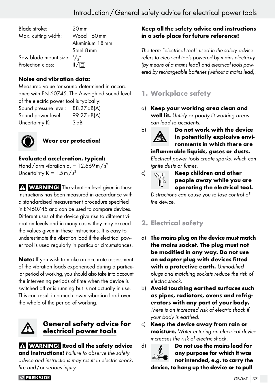 Introduction, General safety advice for electrical power tools, Workplace safety | Electrical safety | Parkside PFS 710 A1 User Manual | Page 37 / 54