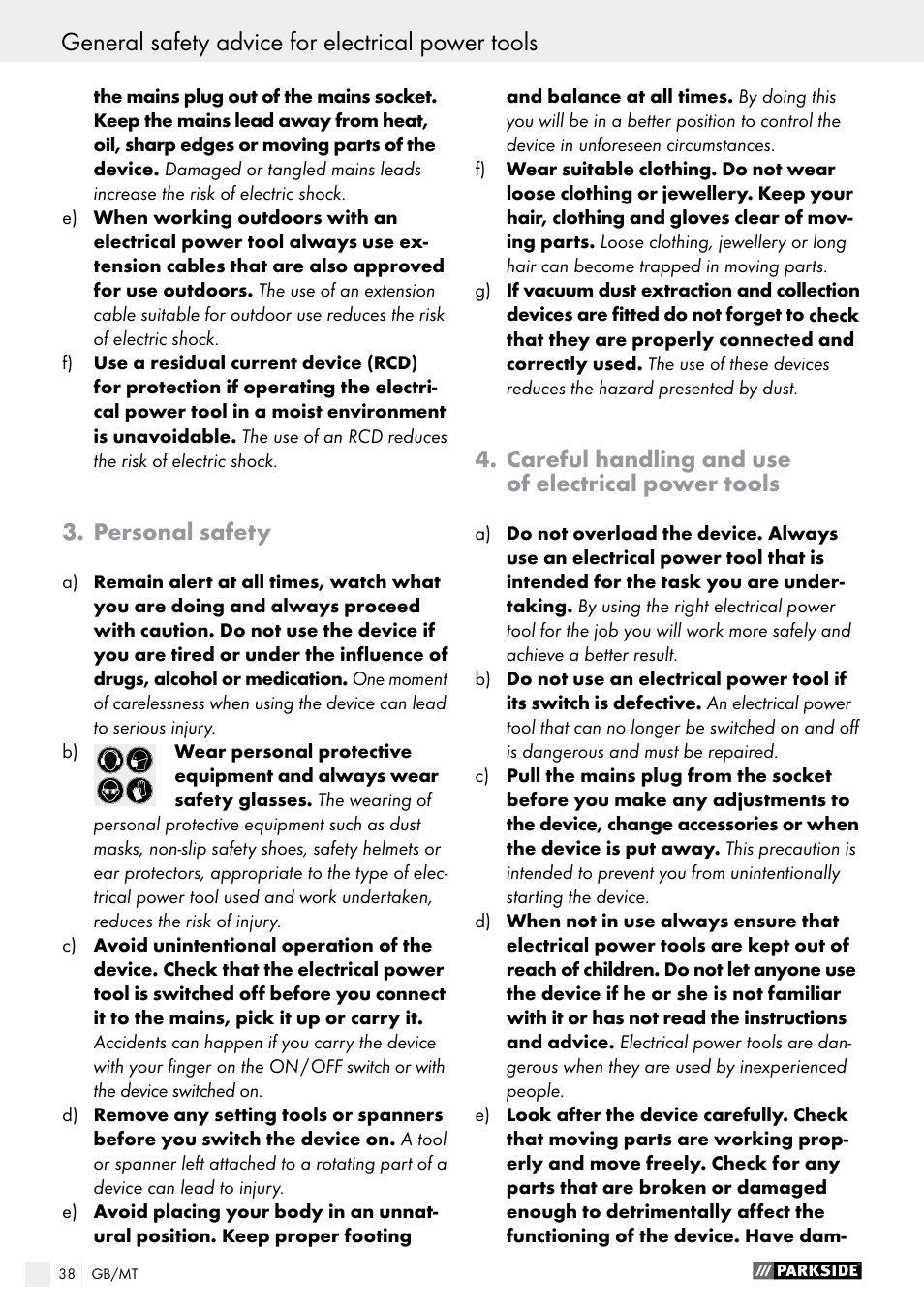 General safety advice for electrical power tools, Personal safety, Careful handling and use of electrical power tools | Parkside PFS 710 A1 User Manual | Page 38 / 54