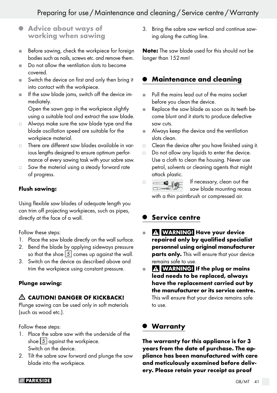 Advice about ways of working when sawing, Maintenance and cleaning, Service centre | Warranty | Parkside PFS 710 A1 User Manual | Page 41 / 54