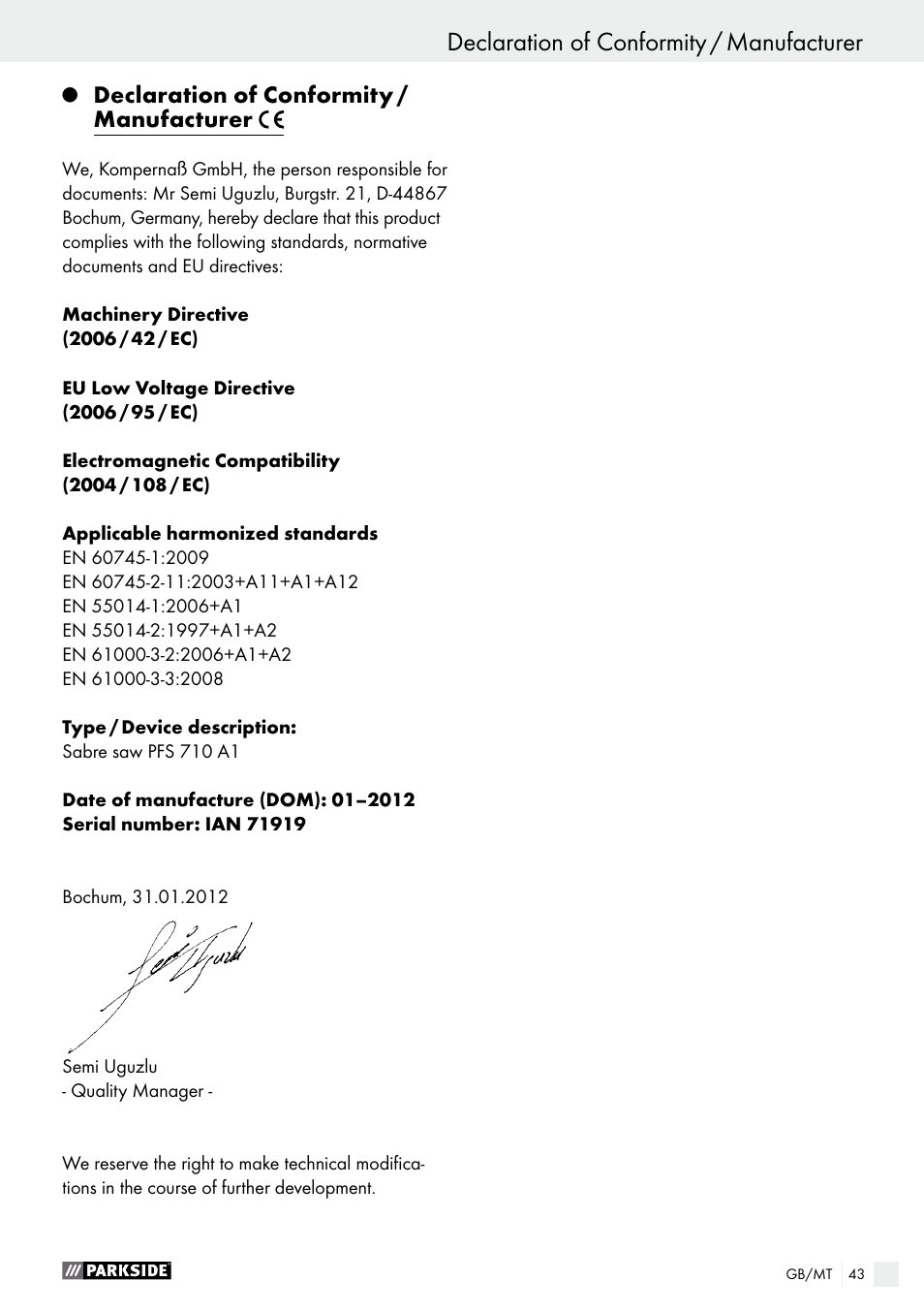 Declaration of conformity / manufacturer | Parkside PFS 710 A1 User Manual | Page 43 / 54